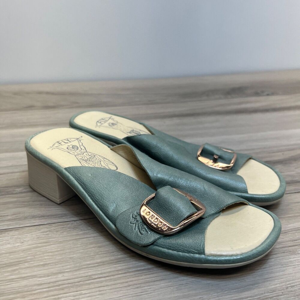 FLY London - Leather Mules Sandals Buckle Detail Elax Jade Green Size 37 6.5 - 7